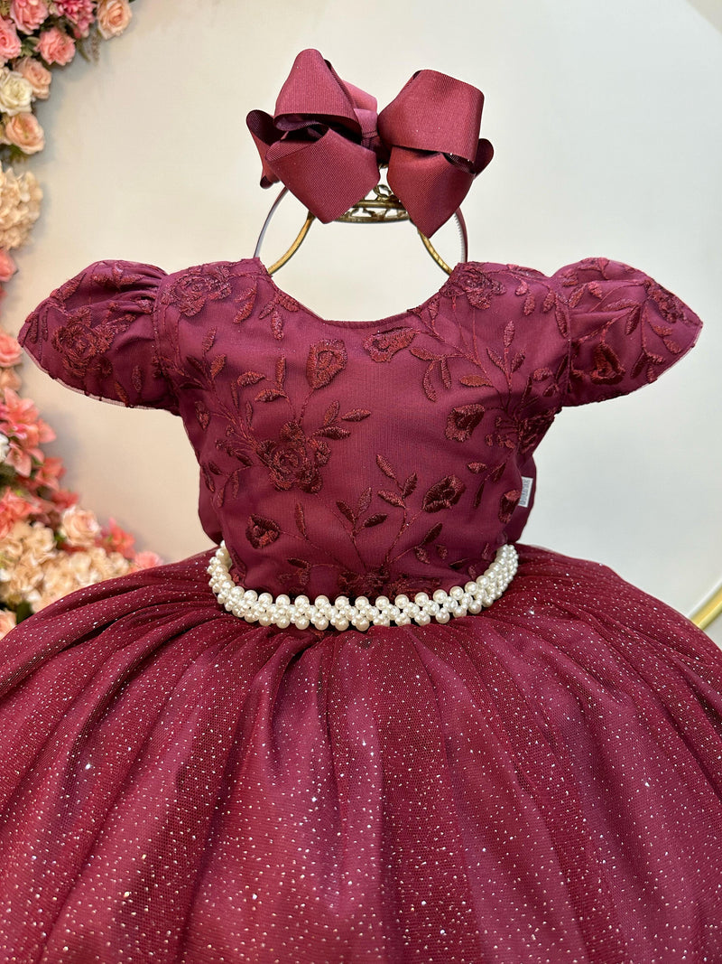 Vestido Infantil Marsala C/ Renda Daminhas de Honra Longo (2347MA)