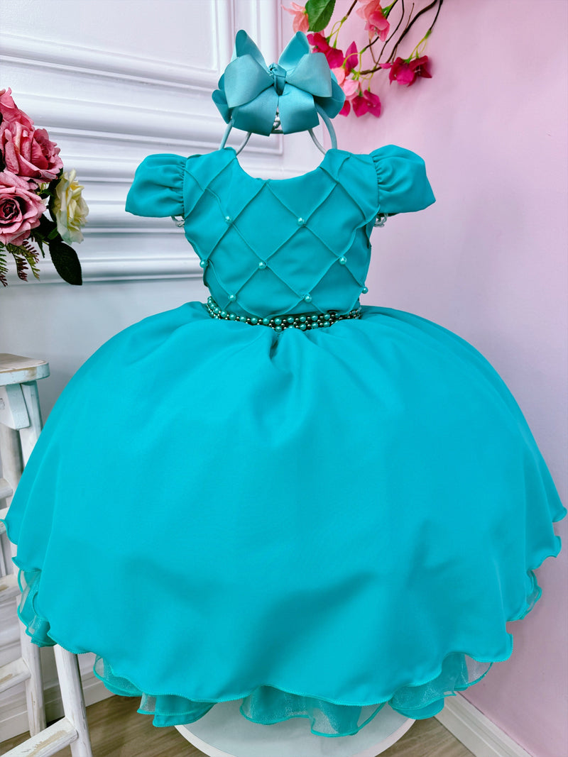 Vestido Infantil Verde Tiffany Busto Nervura C/ Pérolas Luxo (7504VF)