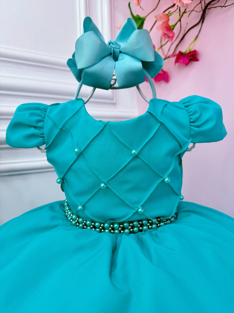 Vestido Infantil Verde Tiffany Busto Nervura C/ Pérolas Luxo (7504VF)