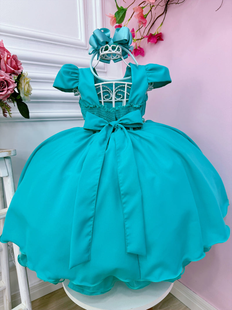 Vestido Infantil Verde Tiffany Busto Nervura C/ Pérolas Luxo (7504VF)