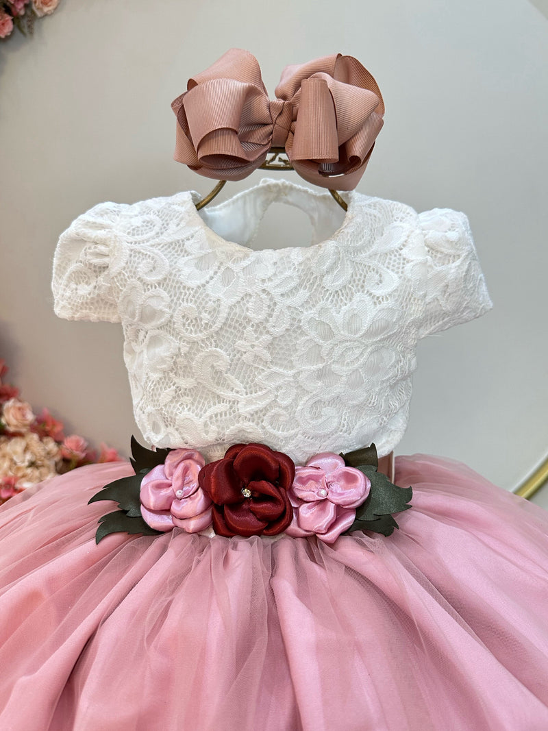 Vestido Infantil Off White Saia Rose C/ Renda e Broche Flor (4578RK)