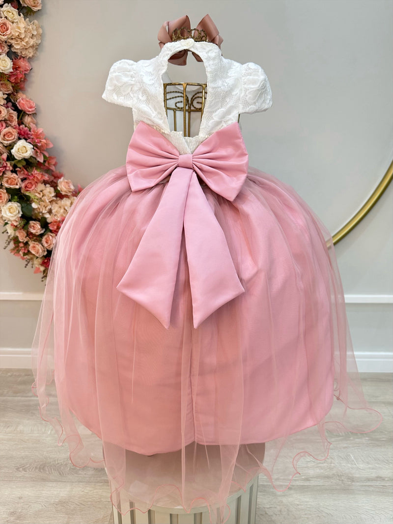 Vestido Infantil Off White Saia Rose C/ Renda e Broche Flor (4578RK)