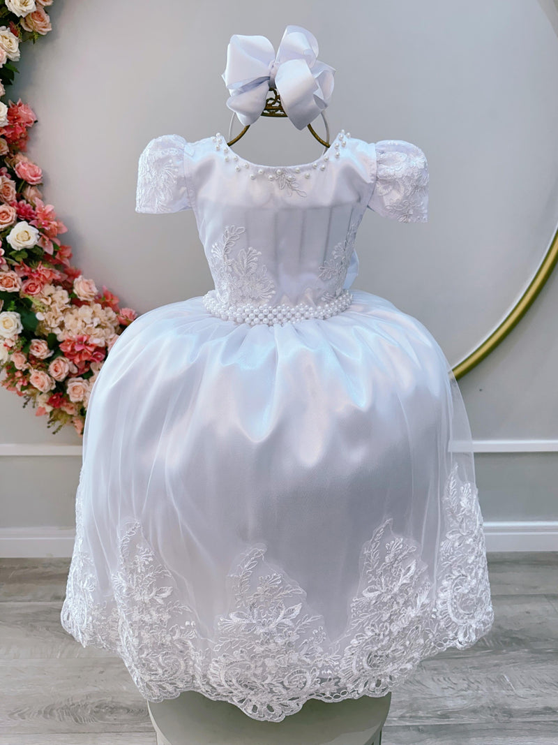 Vestido Infantil Branco Com Renda Realeza Casamentos Longo (2260BW)