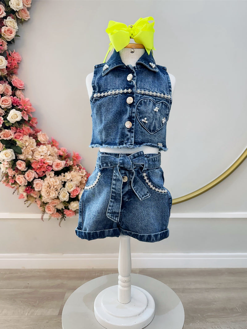 Conjunto Infantil Jaqueta e Short Jeans Azul Boiadeira Casual (0154AE)