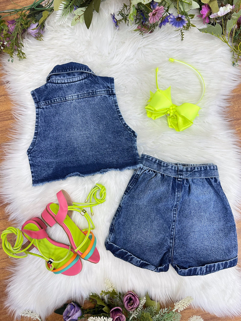 Conjunto Infantil Jaqueta e Short Jeans Azul Boiadeira Casual (0154AE)