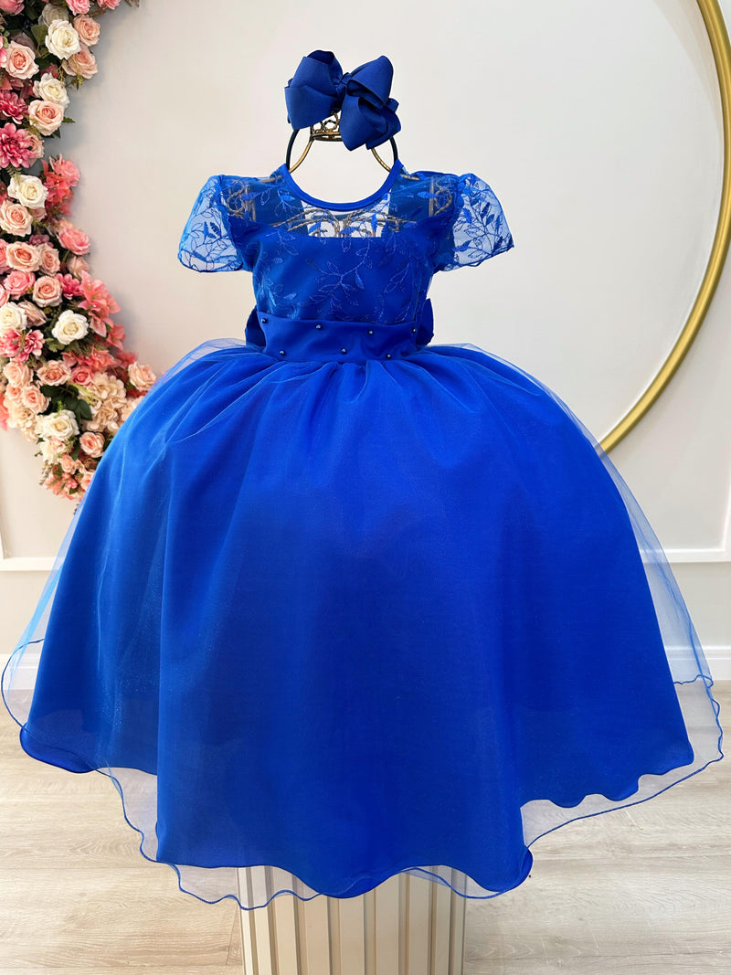 Vestido Infantil Azul Royal Busto C/ Renda Damas Longo Luxo (1778AR)