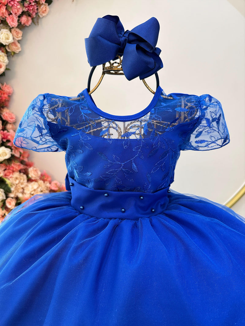 Vestido Infantil Azul Royal Busto C/ Renda Damas Longo Luxo (1778AR)