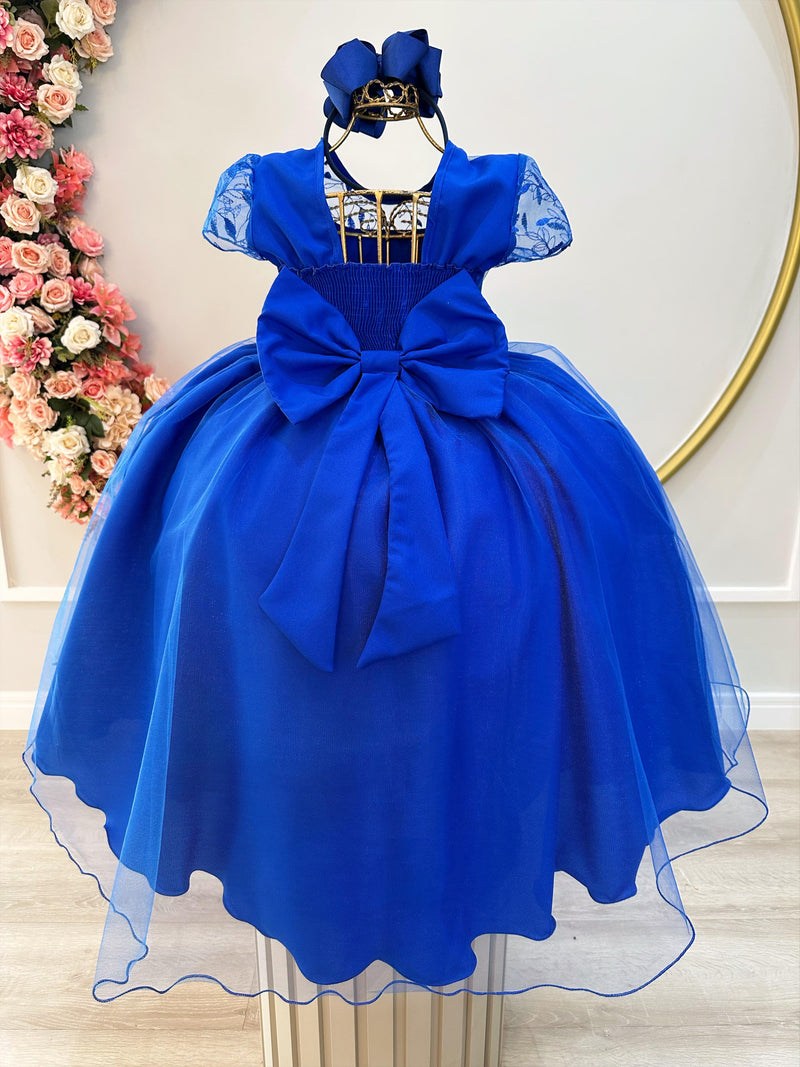 Vestido Infantil Azul Royal Busto C/ Renda Damas Longo Luxo (1778AR)