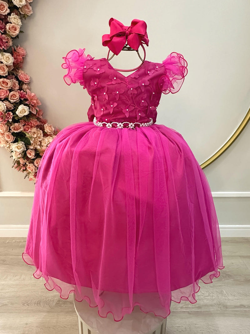 Vestido Infantil Longo Pink C/ Apliques e Renda Damas Festas (2384PA)