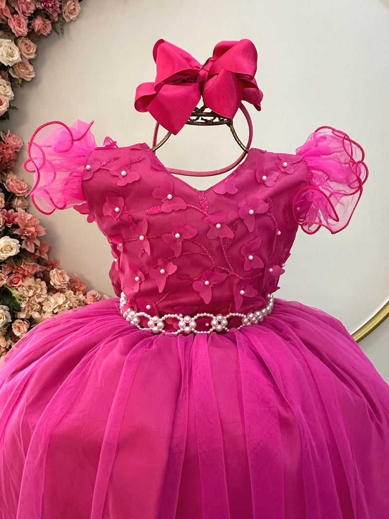 Vestido Infantil Longo Pink C/ Apliques e Renda Damas Festas (2384PA)