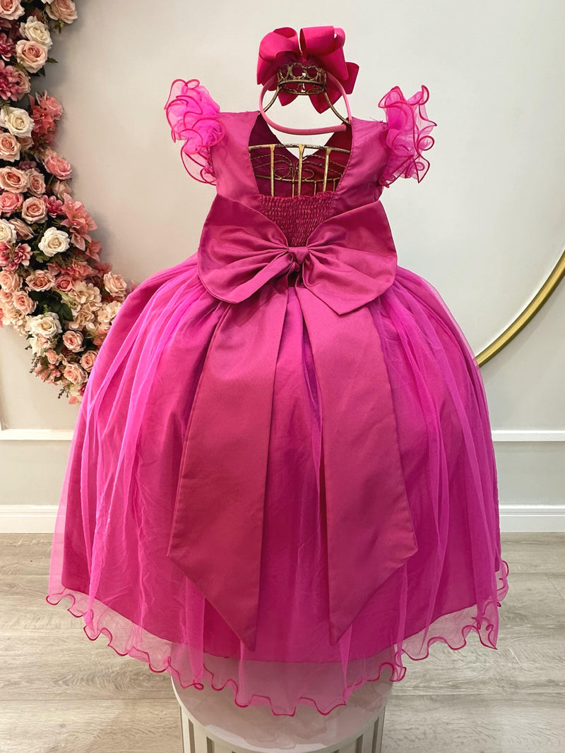 Vestido Infantil Longo Pink C/ Apliques e Renda Damas Festas (2384PA)