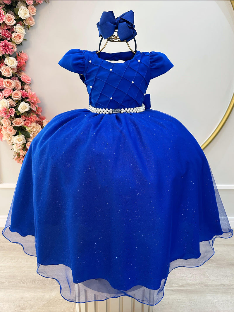 Vestido Infantil Longo Azul Royal Busto Nervura Festas Damas (3535AR)