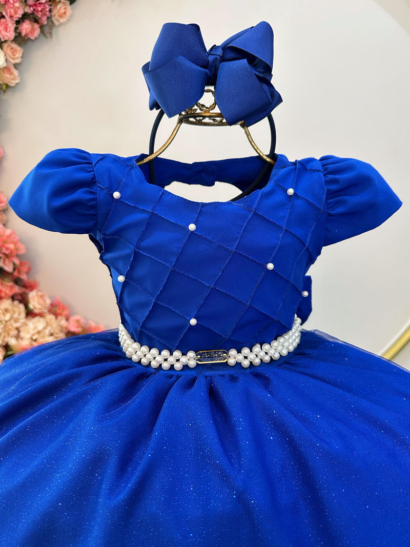 Vestido Infantil Longo Azul Royal Busto Nervura Festas Damas (3535AR)