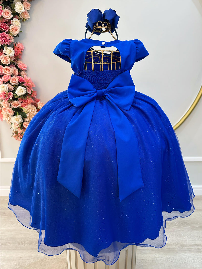 Vestido Infantil Longo Azul Royal Busto Nervura Festas Damas (3535AR)