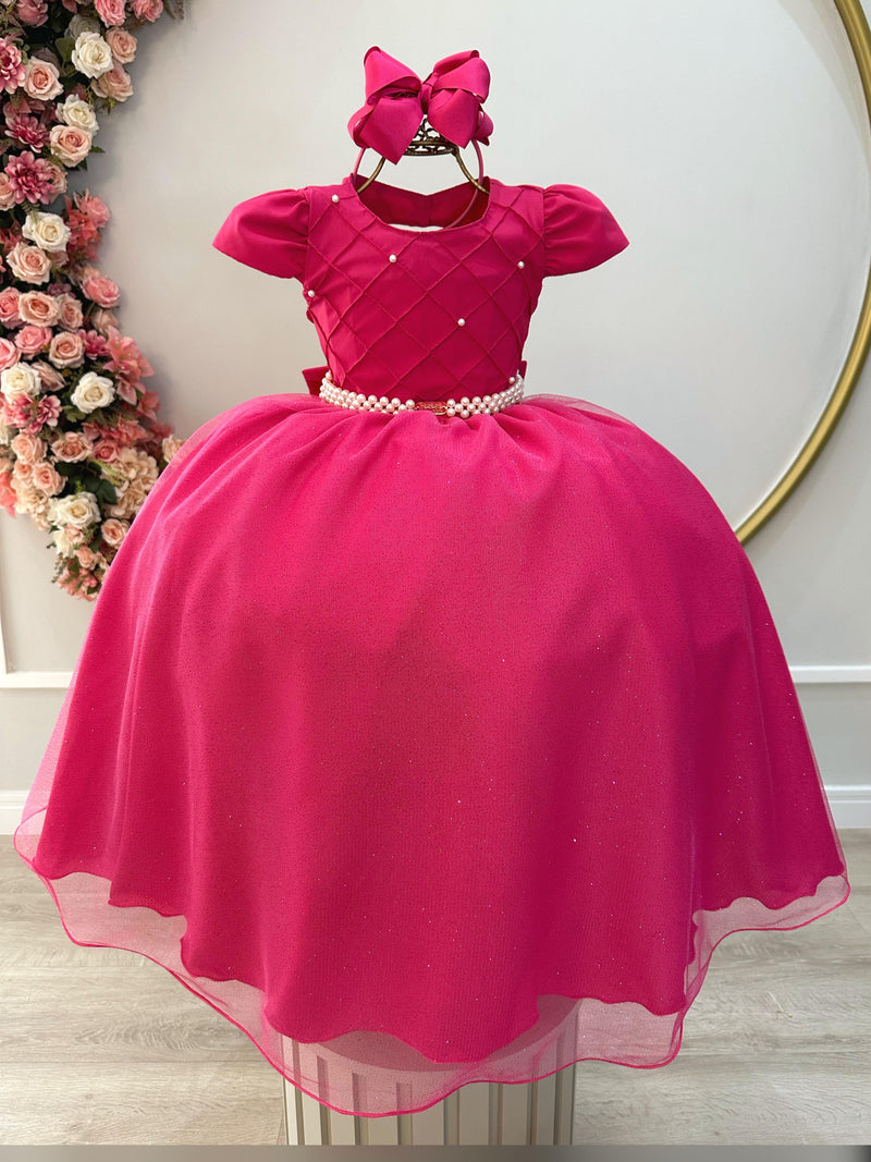 Vestido Infantil Longo Pink Busto Nervura Festas Daminhas (3535PK)