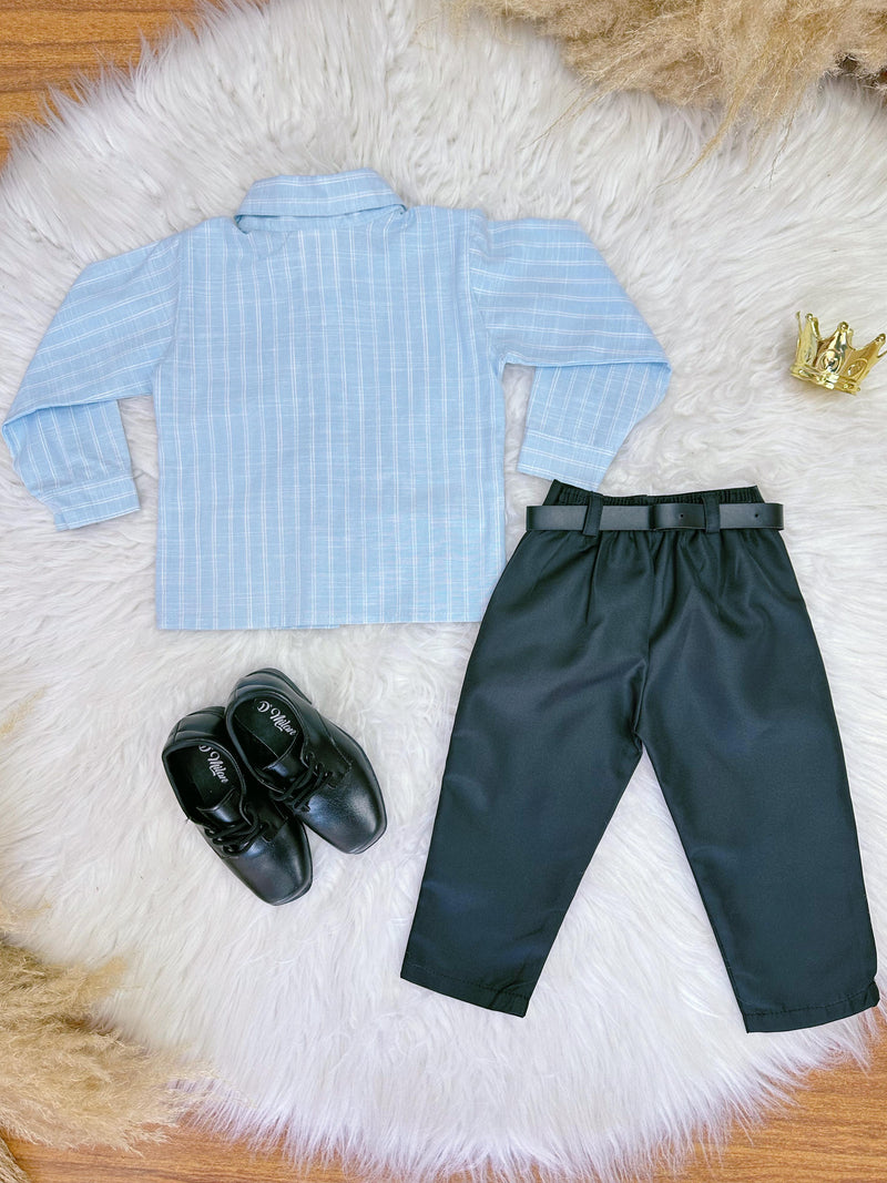 Conjunto Infantil Camisa Listrada Azul e Calça Preta Cinto (0404AA)