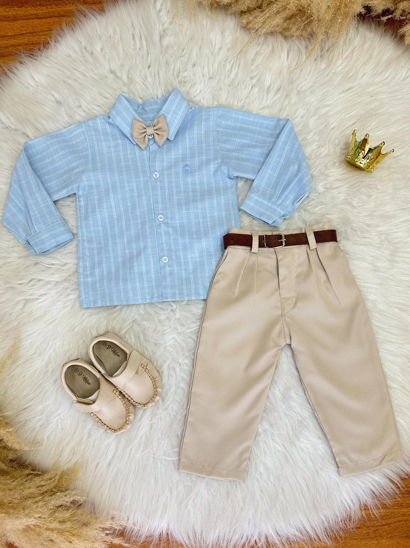 Conjunto Infantil Camisa Listrada Azul e Calça Bege Cinto (0404AB)
