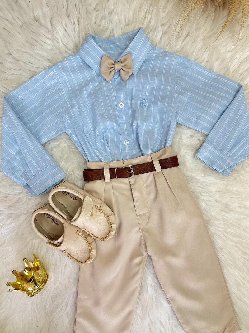 Conjunto Infantil Camisa Listrada Azul e Calça Bege Cinto (0404AB)