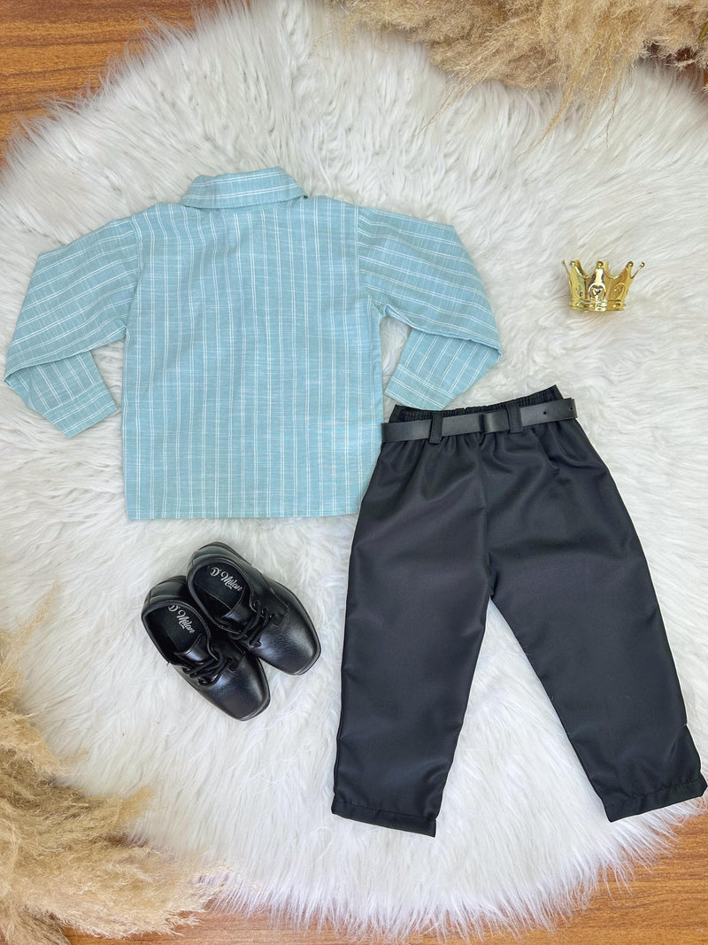 Conjunto Infantil Camisa Listrada Verde e Calça Preta Cinto (0404VE)