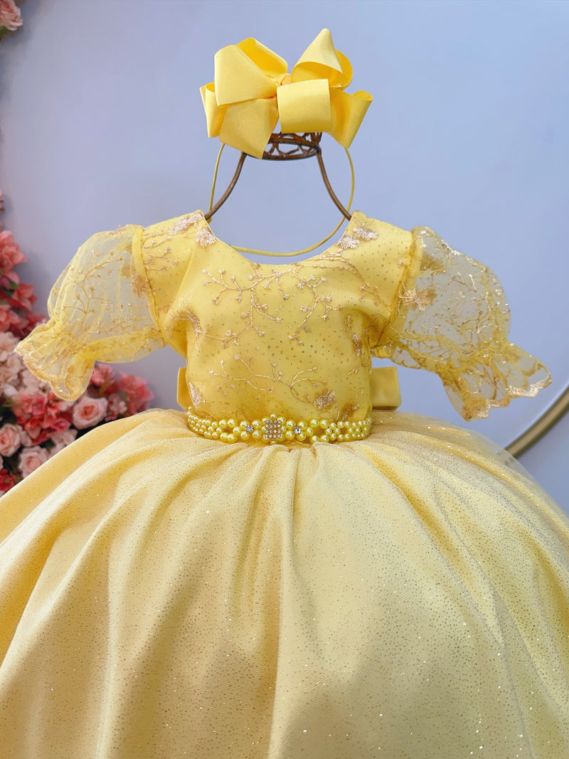 Vestido Infantil Amarelo Com Renda Festas Daminhas Luxo (2930AD)