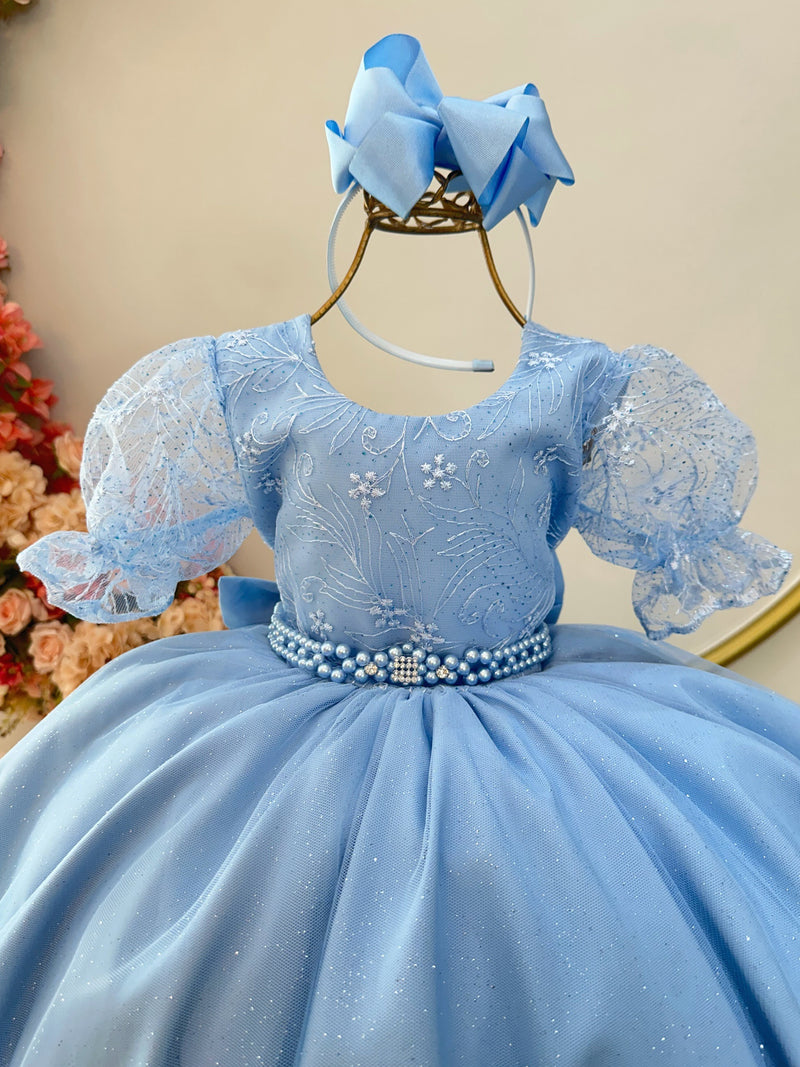 Vestido Infantil Azul Claro Com Renda Festas Daminhas Luxo (2930AC)