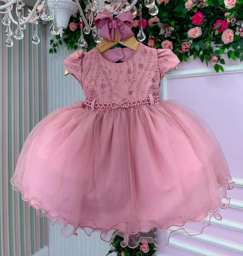 Vestido Menina Bonita Bianca Peito Perolas Rose (VESTMNBNBCPTRLRS)