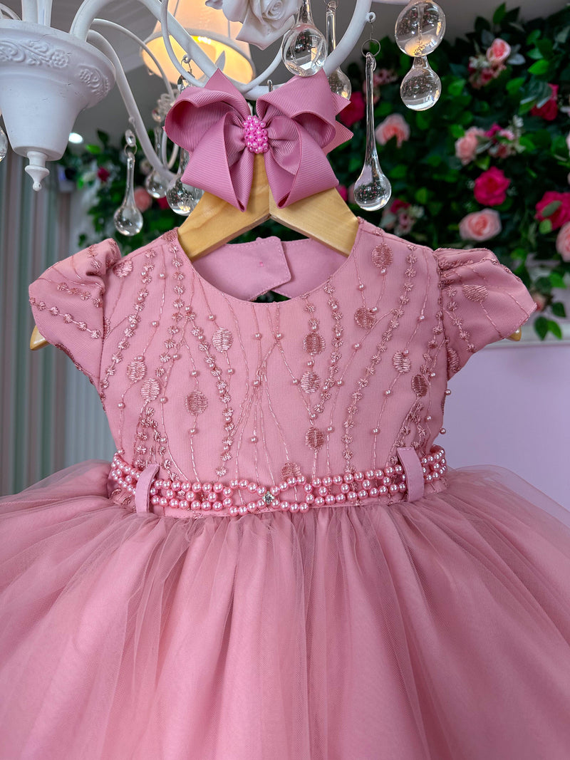 Vestido Menina Bonita Bianca Peito Perolas Rose (VESTMNBNBCPTRLRS)