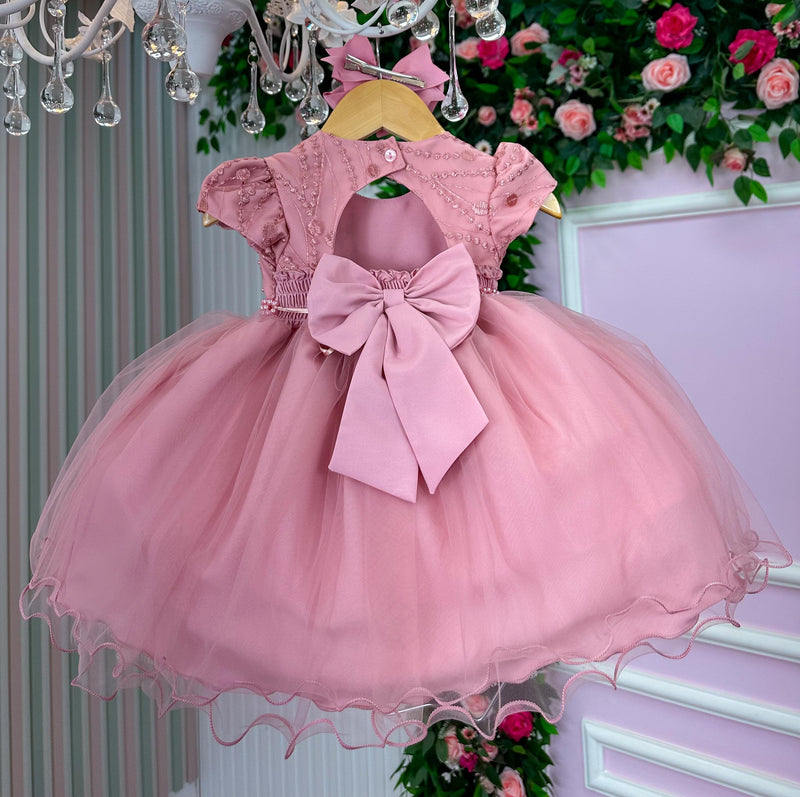 Vestido Menina Bonita Bianca Peito Perolas Rose (VESTMNBNBCPTRLRS)