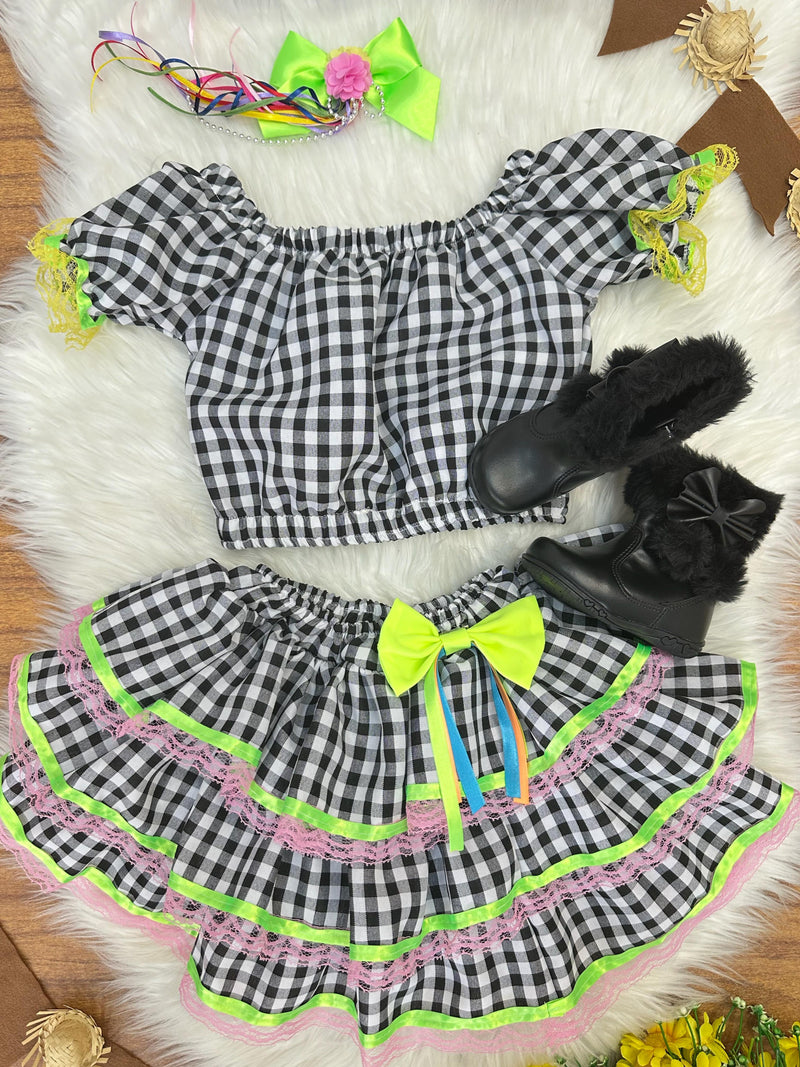 Conjunto Meninas Junino Preto Xadrez Cropped Com Mini Saia (3549PB)