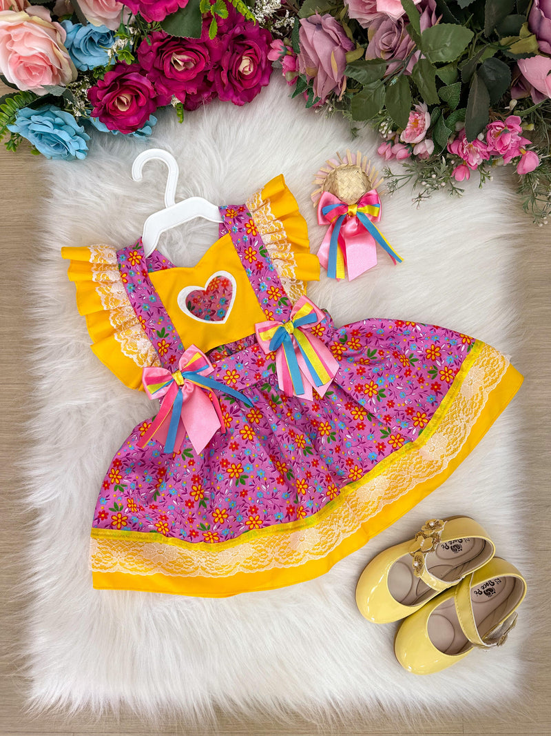 Romper/Vestido Princesa Belli Junino Rosa Com Amarelo (RMPPRNCBLJNRSAML)