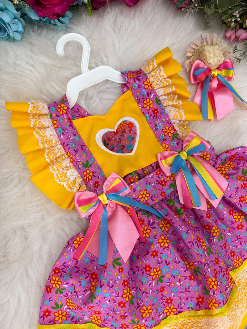 Romper/Vestido Princesa Belli Junino Rosa Com Amarelo (RMPPRNCBLJNRSAML)