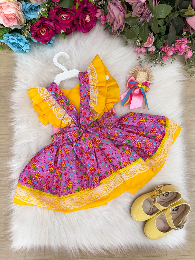 Romper/Vestido Princesa Belli Junino Rosa Com Amarelo (RMPPRNCBLJNRSAML)