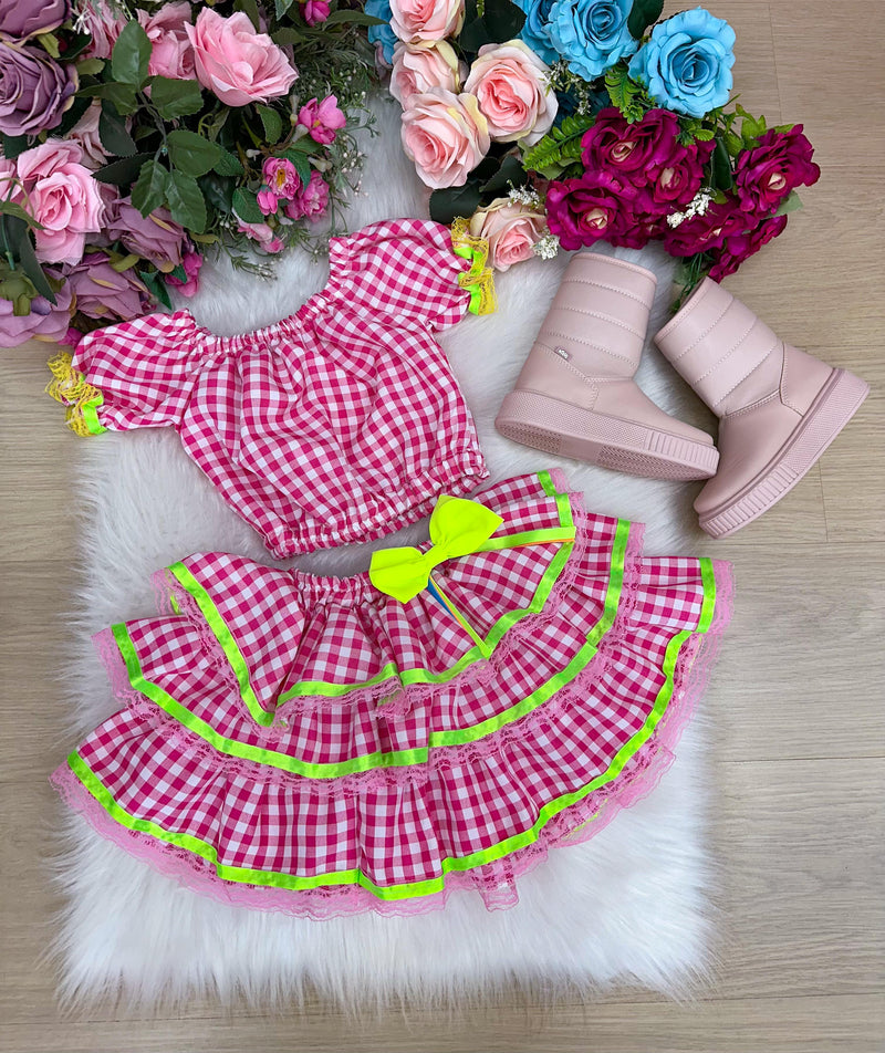 Conjunto Junino Banana Club Sofia Xadrez Rosa (CNJTJNNBNCLSFXDRS)