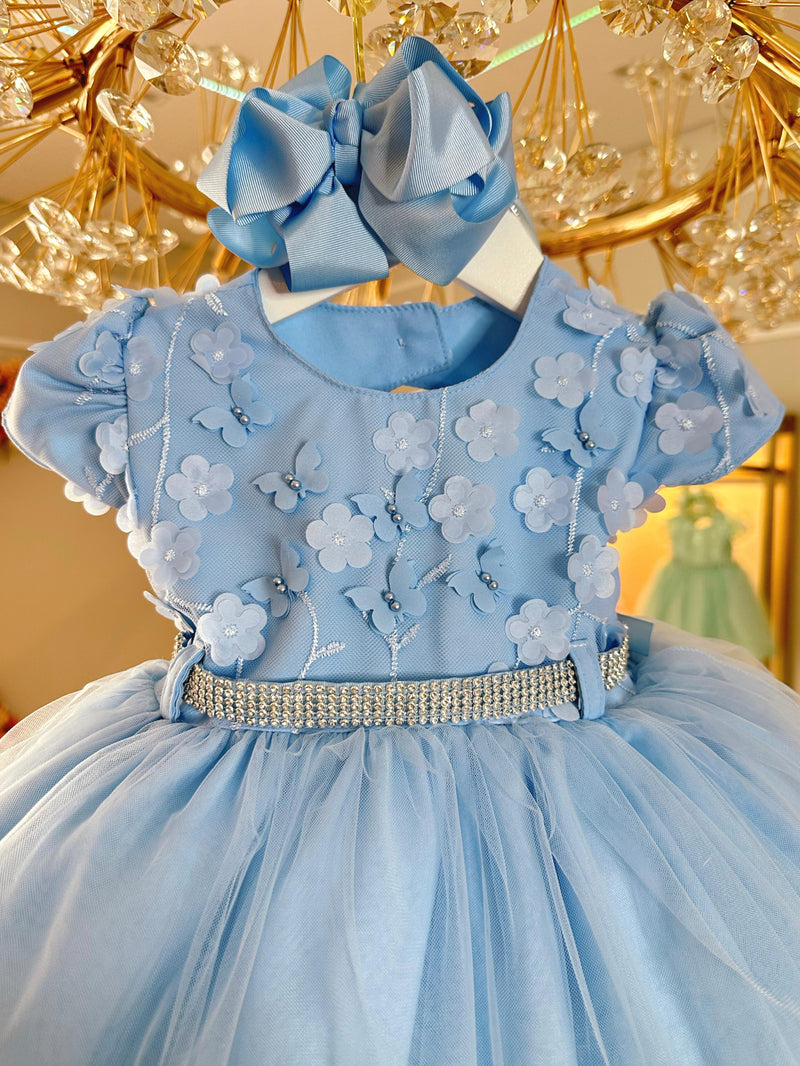 Vestido Infantil Azul Busto Com Renda e Pérolas Batizados (2577AZ)