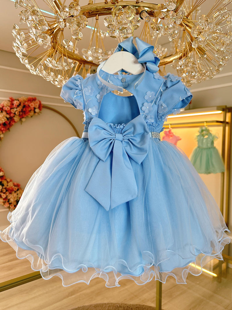 Vestido Infantil Azul Busto Com Renda e Pérolas Batizados (2577AZ)