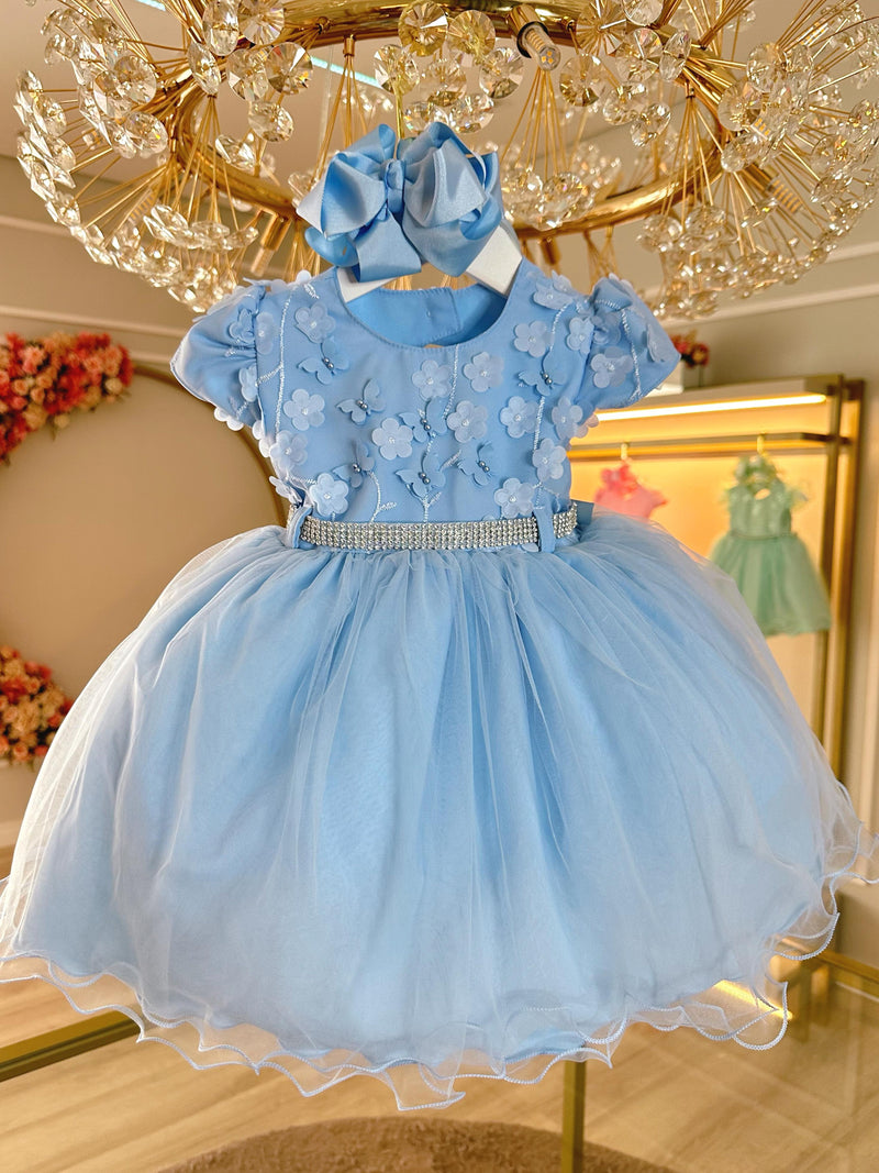 Vestido Infantil Azul Busto Com Renda e Pérolas Batizados (2577AZ)