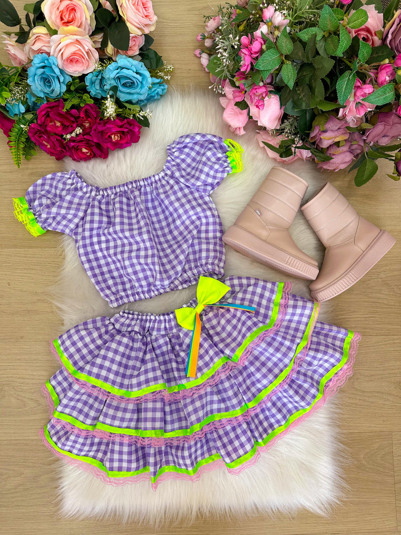 Conjunto Junino Banana Club Sofia Xadrez Lilas (CUNJBNACBSOFXDLILS)